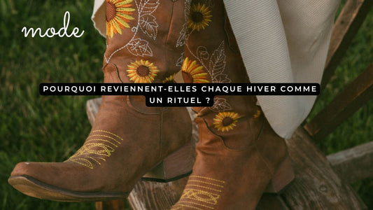 Bottes brunes brodées de tournesols portées en extérieur sur une chaise en bois