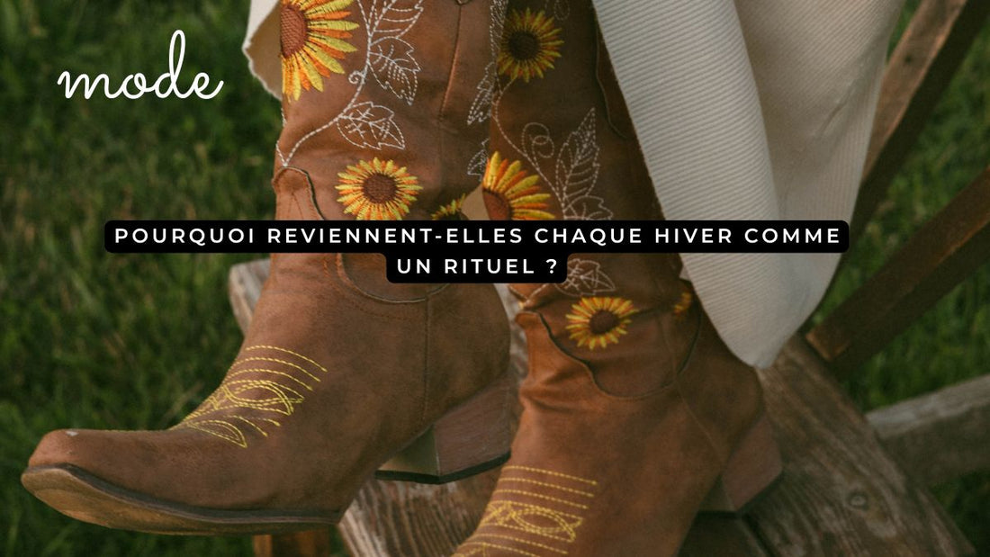 Bottes brunes brodées de tournesols portées en extérieur sur une chaise en bois