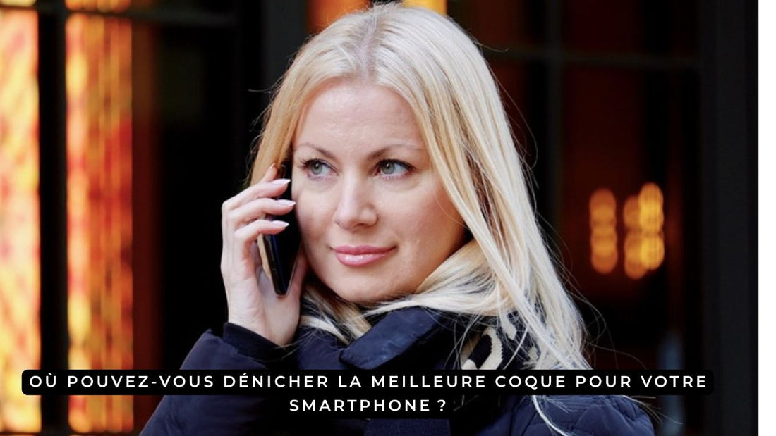 Femme utilisant un smartphone avec question sur la meilleure coque de protection