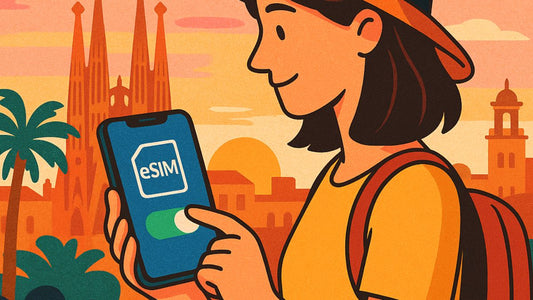 Illustration d’une voyageuse activant une eSIM sur son téléphone en Espagne, avec un paysage ensoleillé en arrière-plan