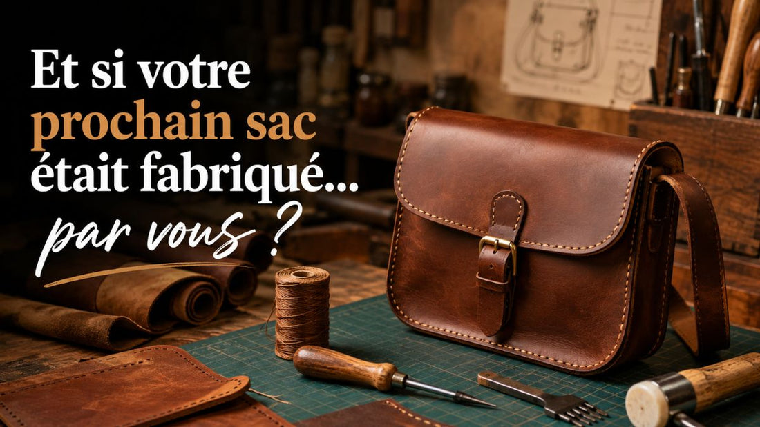 Sac en cuir fabriqué à la main dans un atelier de maroquinerie avec outils de couture et de travail du cuir.