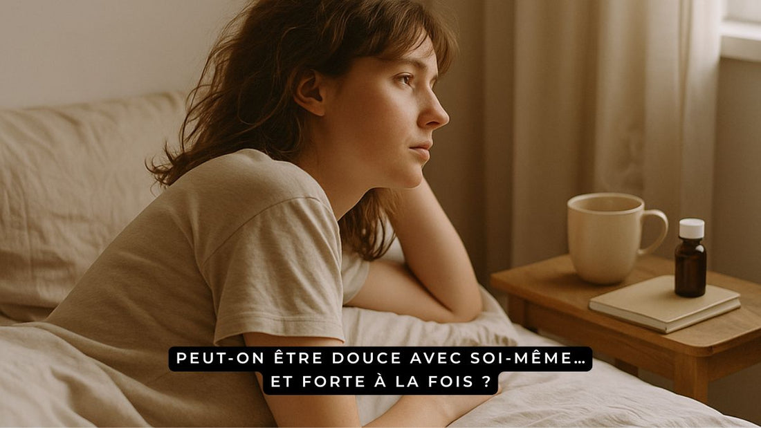 Femme allongée au réveil, regardant par la fenêtre, incarnant la fatigue douce et la force tranquille