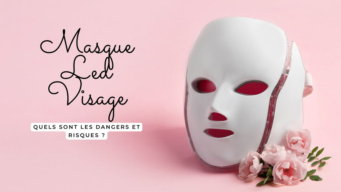 Masque LED pour le visage sur fond rose avec des fleurs – dangers et risques