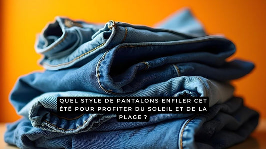 Pantalons d’été pour femme posés sur une table en bois, lumière chaude