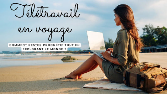 Femme en télétravail sur la plage avec un ordinateur portable, illustrant la productivité en voyage